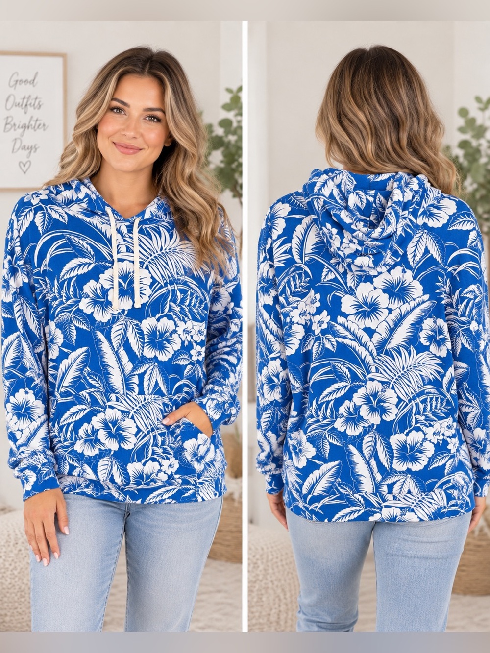 Polo Ralph Lauren Women’s XL Blue White Tropical Floral Pullover Hoodie